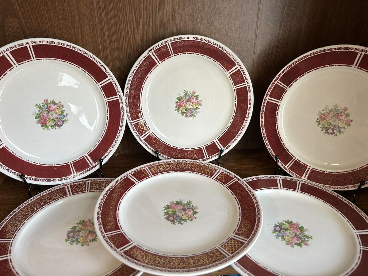 8 Homer Laughlin Piccadilly 7.5” Plates red rim gold floral center 1940s – alternate product view 9 of 15