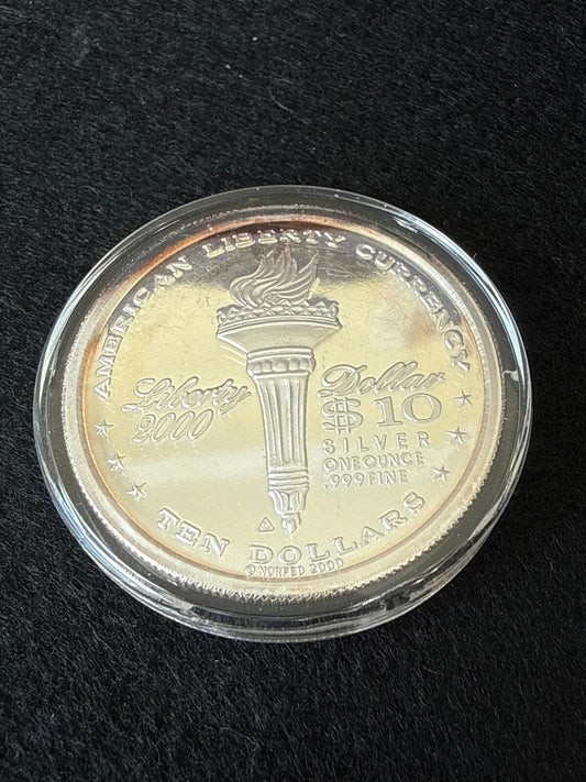 2000 NORFED Liberty Ten Dollars 1 oz. .999 fine silver Cameo Hallmarked Proof (B initial)