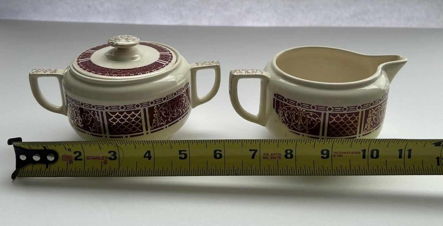 Homer Laughlin Piccadilly Creamer And Sugar-Maroon And Gold Edge, Floral Center