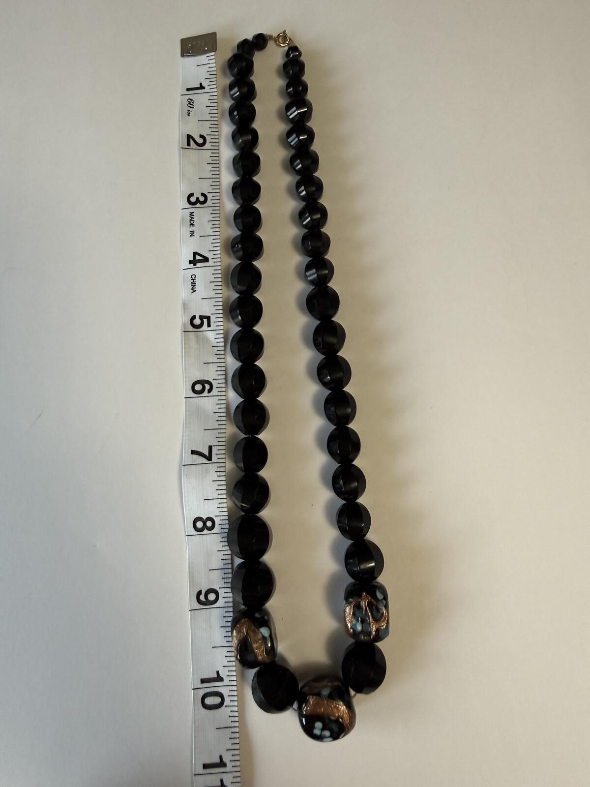 Vintage Black Faceted Bead Necklace Art Glass Foil Accent Statement Necklace