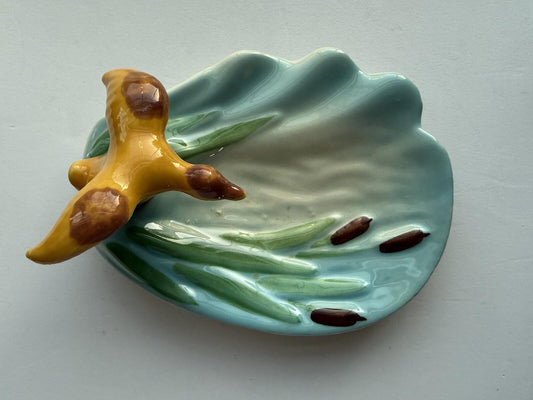 Mid Century Modern Ceramic Duck Pond with Cattails Trinket Dish