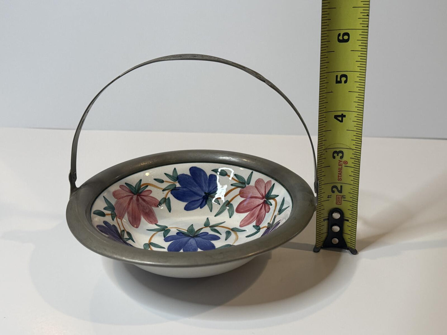 Vintage JBW Bavaria Germany Hand Painted Floral Basket Bowl Pewter Handle