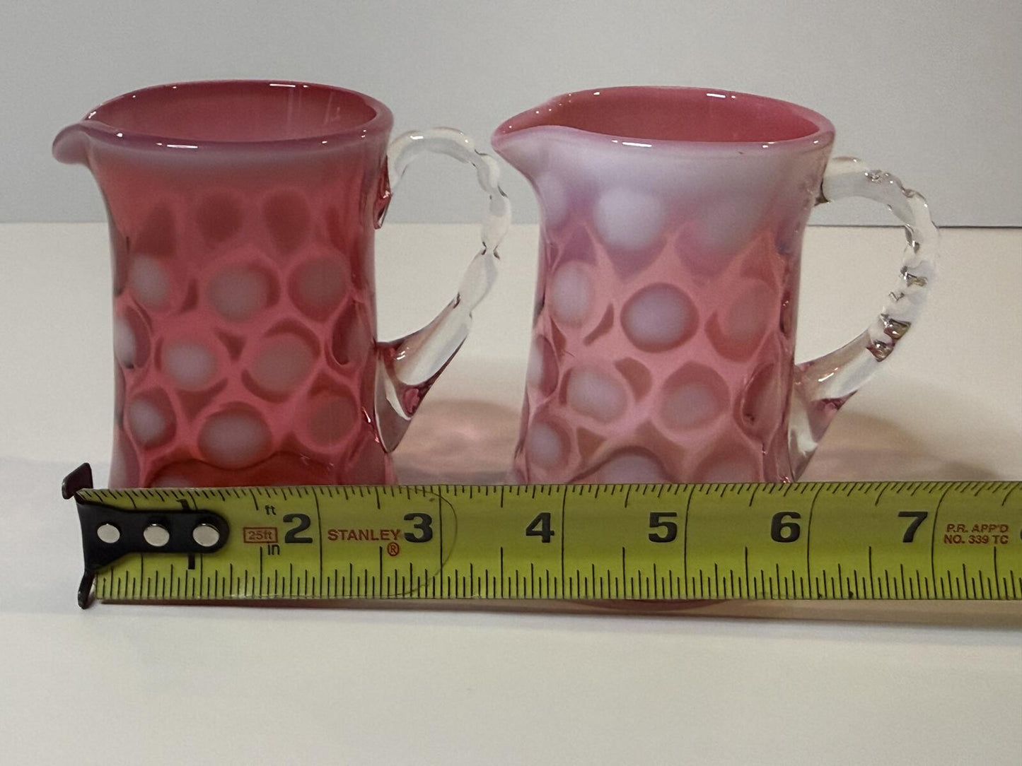 Vintage Fenton Cranberry Opalescent Coin Dot Glass Creamer Pitchers Pair