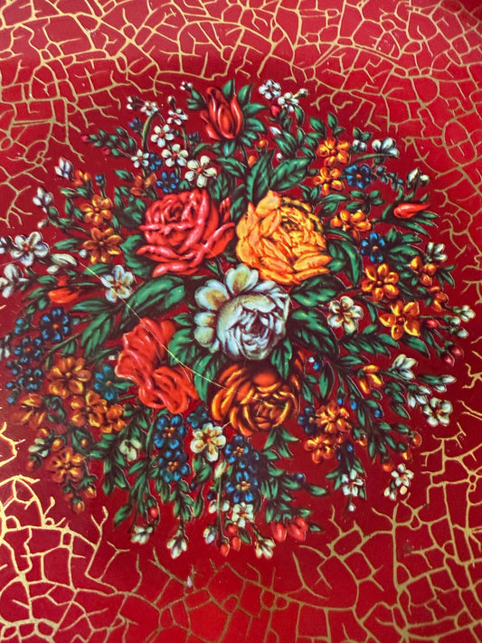 Vintage Daher Decorated Ware Floral Metal Tray England 12” Red Gold
