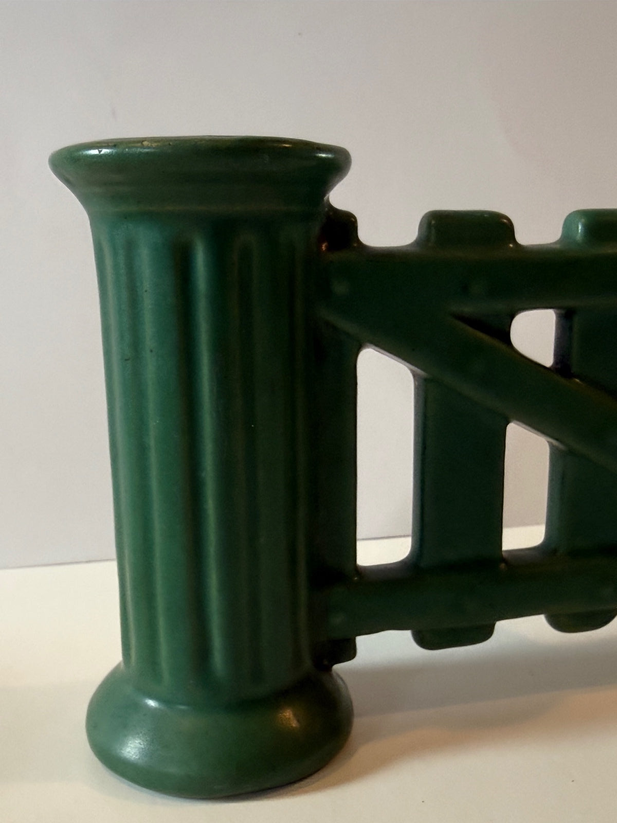 Antique Roseville Matte Green Gate Double Bud Vase — product photograph 3