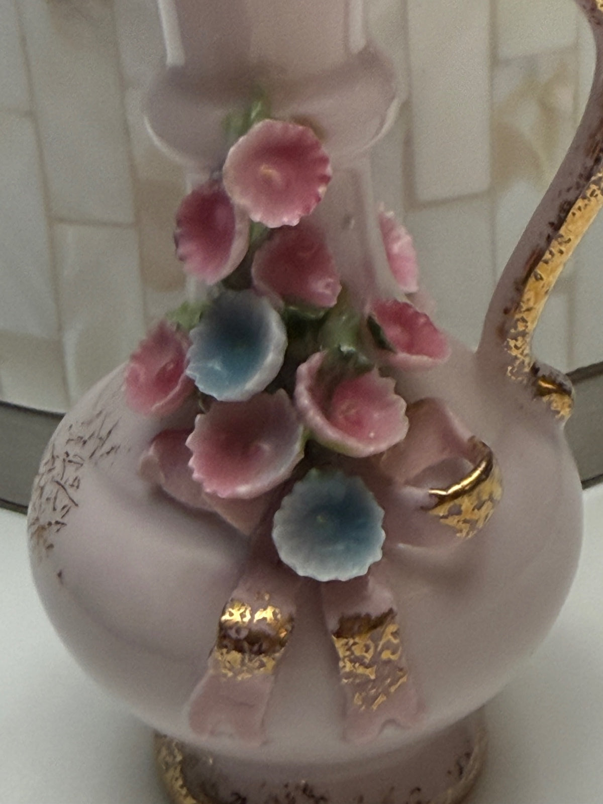 Vintage Lefton China Pink Floral Pitcher Vase Hand Painted Japan 4” – alternate product view 2 of 7