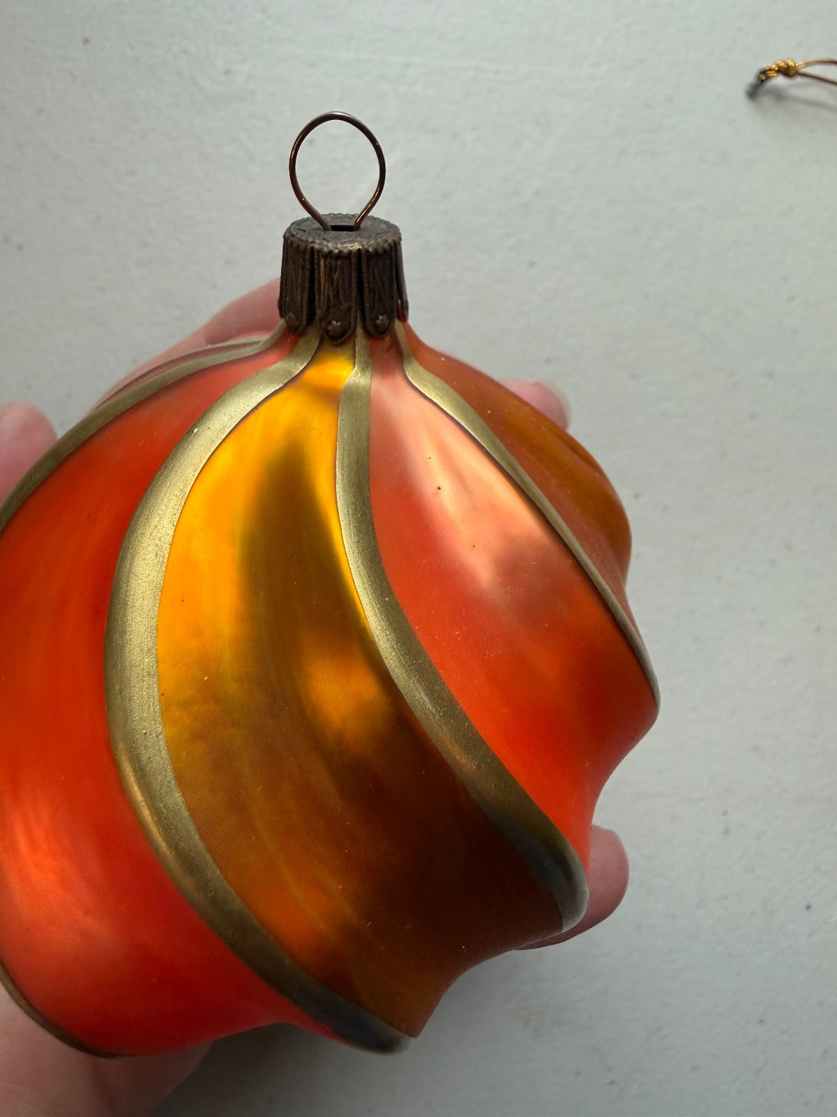 Vintage Germany Blown Glass Christmas Ornament Orange Gold Swirl 3.5”