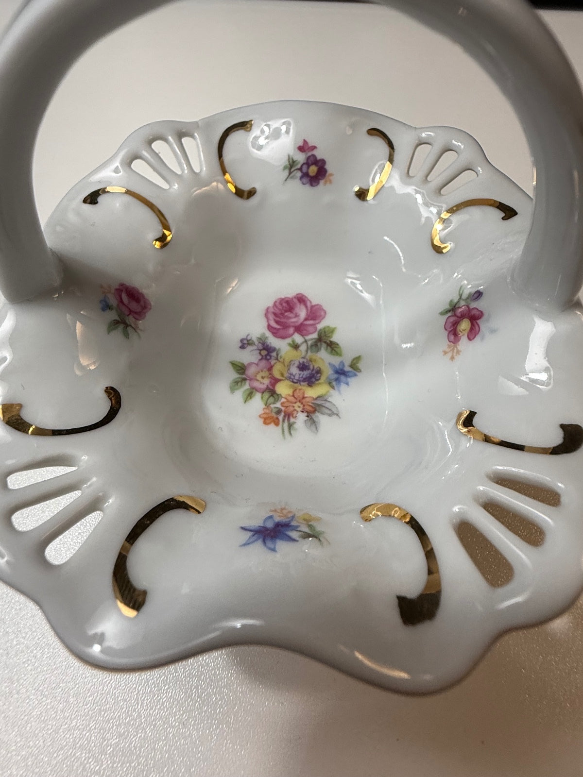 Vintage PM Martinroda Germany Porcelain Floral Basket Trinket Dish Gold – alternate product view 2 of 5