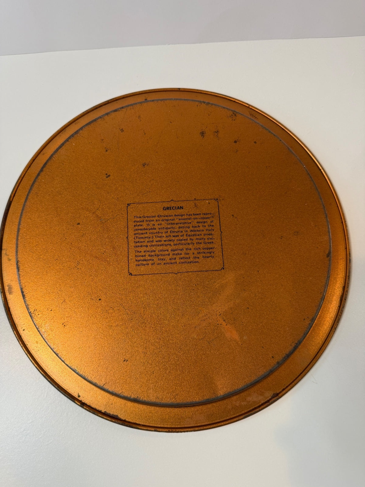 Grecian Etruscan Style Decorative Metal Tray 11.5” Greek Key Copper Tone