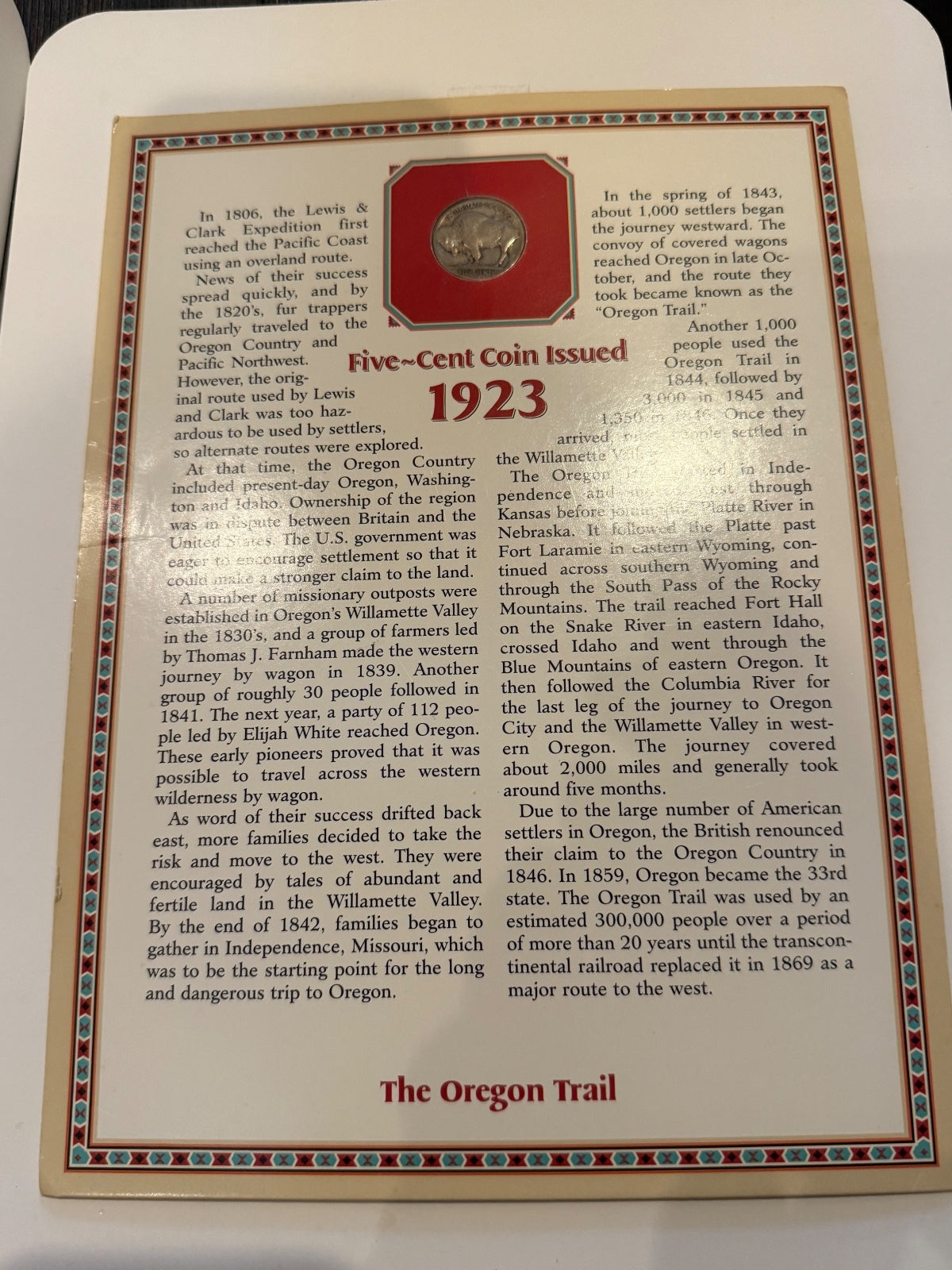 1923 Buffalo Nickel & 1993 Oregon Trail Stamp Collector Page