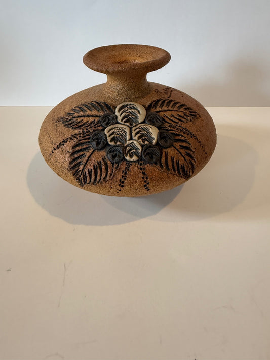 Signed Studio Pottery Vase Applied Floral Relief Art Pottery Rustic 5” Vase