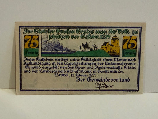1921 Germany Stotel 75 Pfennig Notgeld Hermann Allmers Centennial – alternate product view 2 of 2