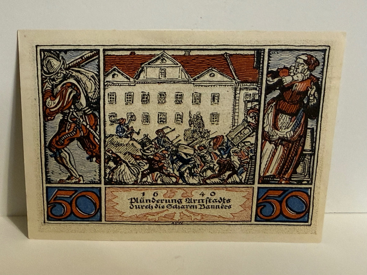 1921 Arnstadt Germany 50 Pfennig Notgeld – Thirty Years’ War Scene - 244