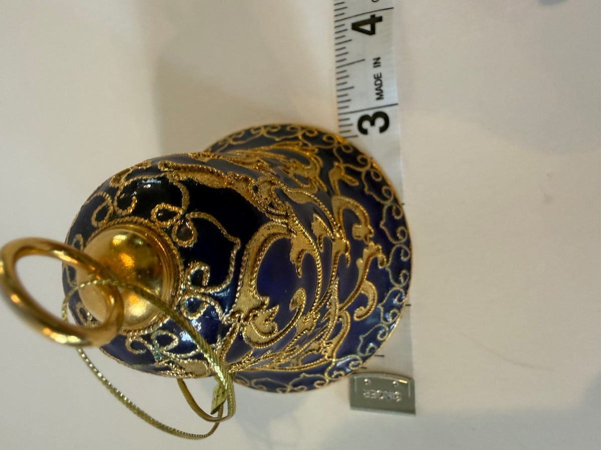 Vintage Blue Cloisonne Style Brass Bell Ornament Gold Enamel 3.5” Hanging – alternate product view 5 of 6