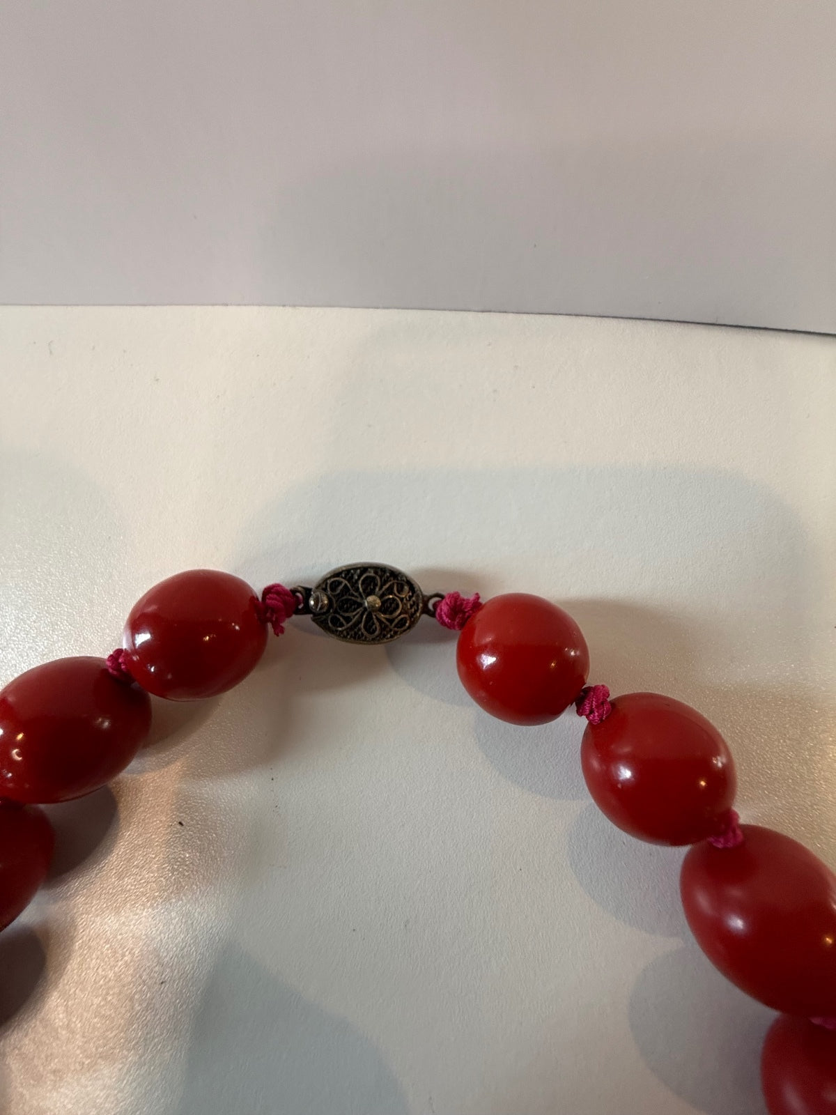 Vintage Chinese Red Bead Cinnabar Shou Necklace SILVER Clasp Tassel 30” – alternate product view 4 of 8
