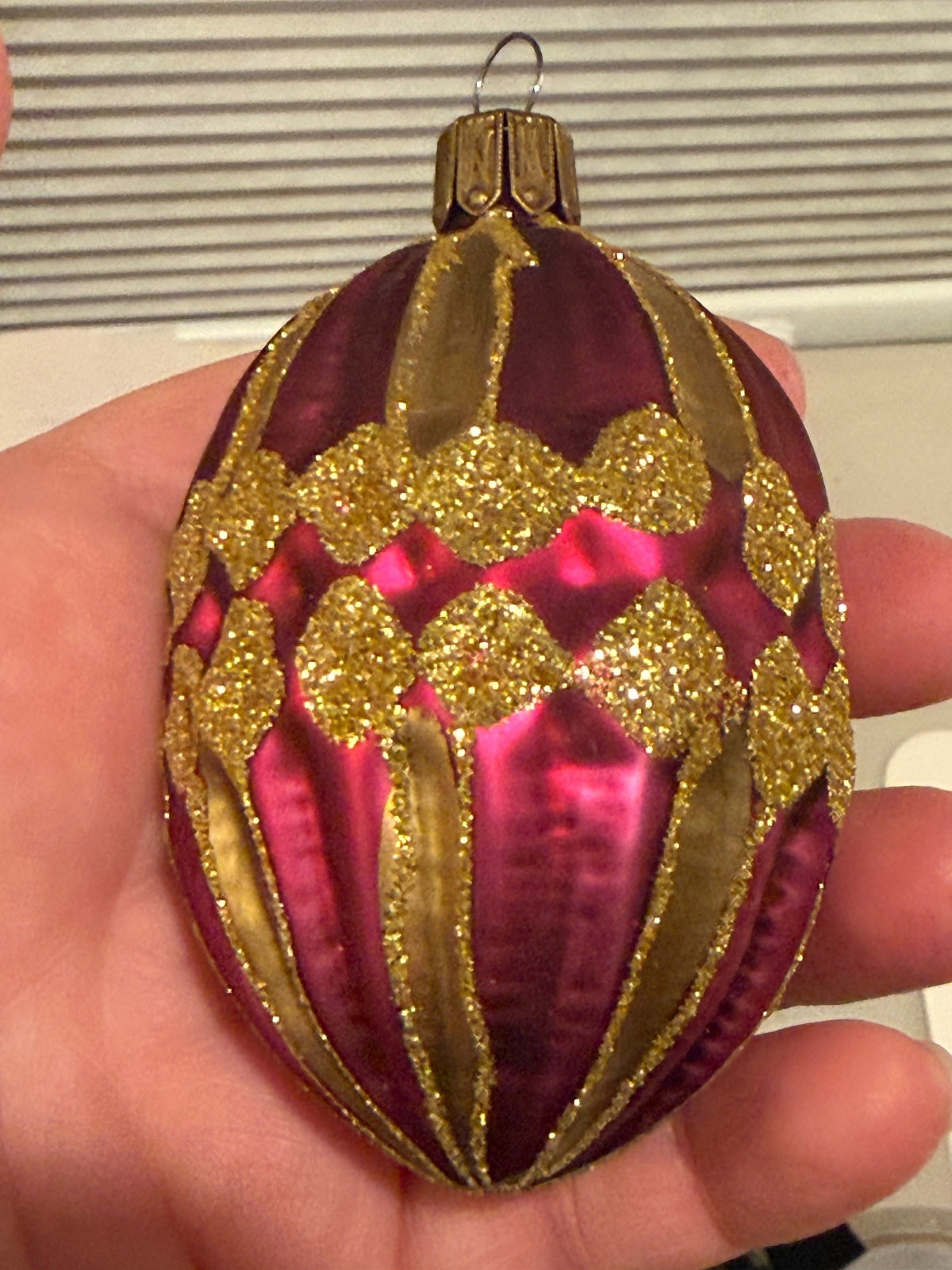 Vintage Czech Glass Christmas Ornament Burgundy Gold Glitter Teardrop Egg – alternate product view 2 of 5