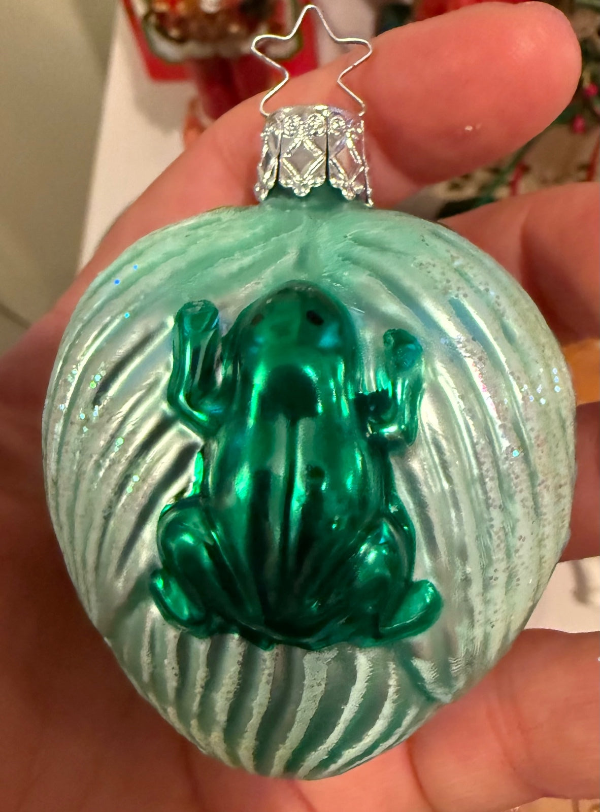 Collectible Vintage Germany Glass Frog on Lily Pad Christmas Ornament Green