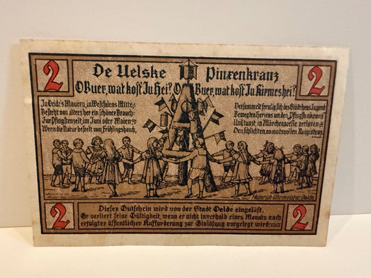 1920 Germany Oelde 2 Mark Notgeld Emergency Money Church Windmill - 105 – alternate product view 2 of 2