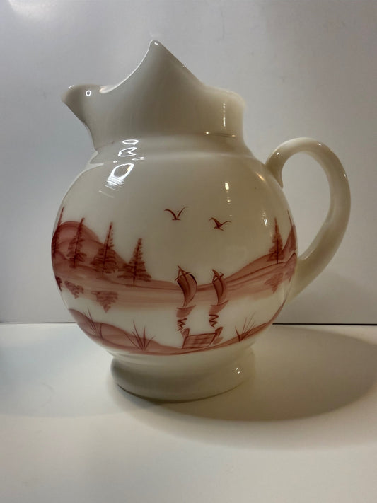 Vintage Dunbar Milk Glass Pitcher Hand Painted Sailboat Landscape 1940s – alternate product view 2 of 11