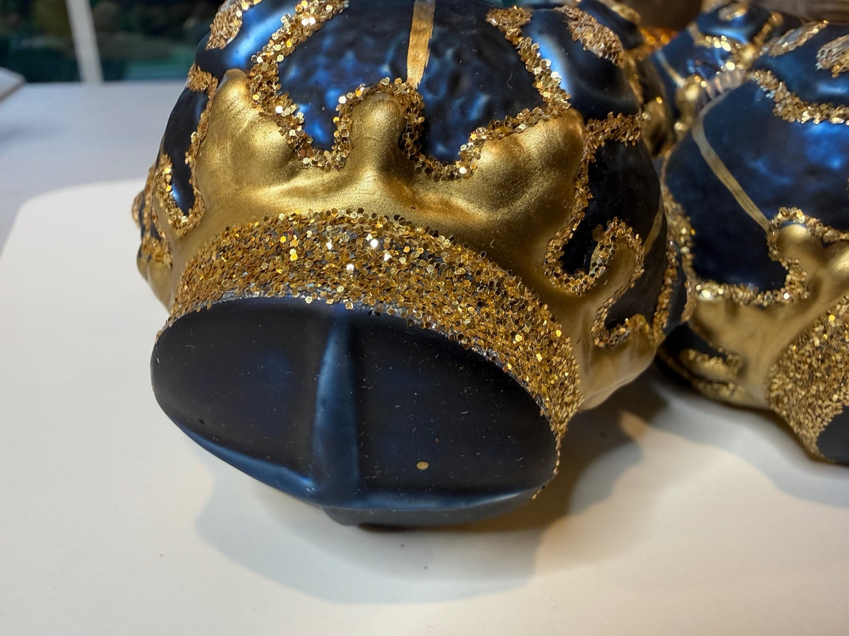 6 Vintage Blue Gold Glass Christmas Ornaments Glitter Molded Set – alternate product view 4 of 11