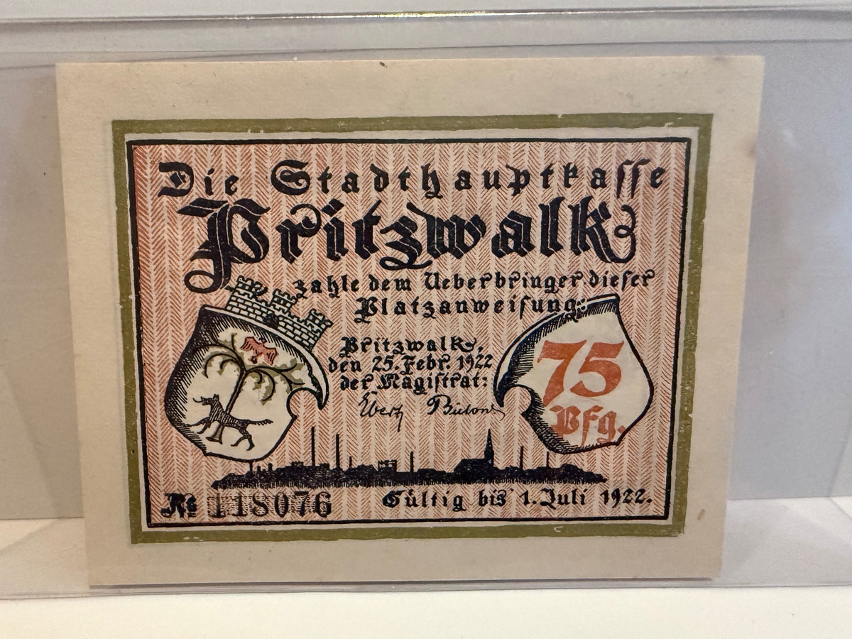 1922 Germany Pritzwalk 75 Pfennig Notgeld Historic Illustrated Note - 105