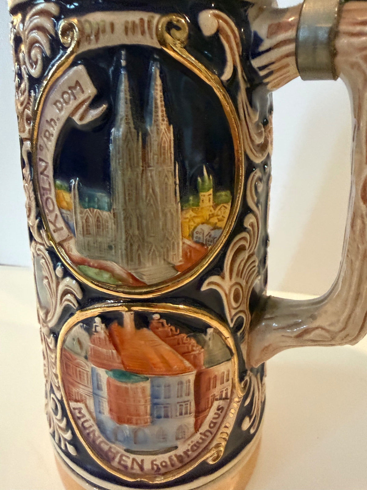 Vintage GERZ W Germany Beer Stein Pewter Lid German Cities Relief 10”