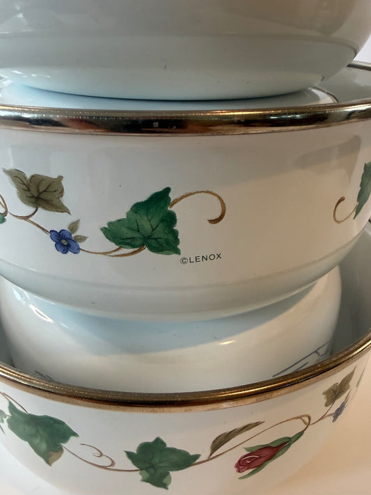 Lenox 3 Pc Nesting Serving Bowl Set Ivy Rosebud Platinum Trim 6, 7, 8 Inch