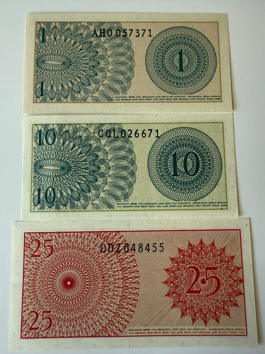 1964 Indonesia Banknotes 1 10 25 Sen Sukarelawan Volunteer Series 3 Note Lo-167 – alternate product view 2 of 2