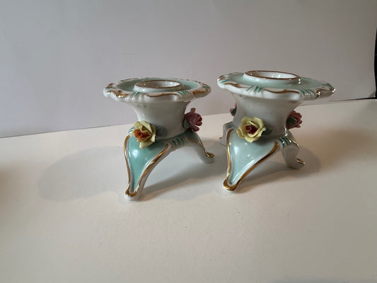 Vintage German Dresden-Style Rose Candlestick Holders Pair — product photograph 2