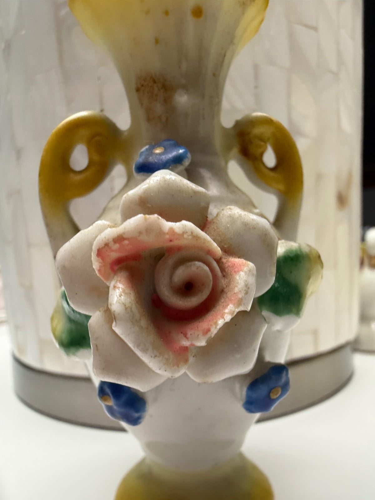 Vintage Occupied Japan Mini Vase Applied Flowers Double Handle 4” – alternate product view 2 of 6