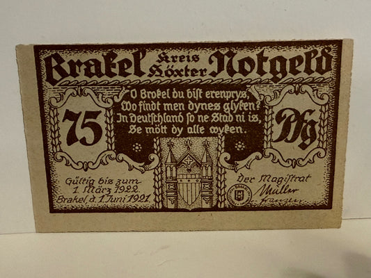 1921 Brakel Germany 75 Pfennig Notgeld – Christmas Weihnachtswunsch - 250