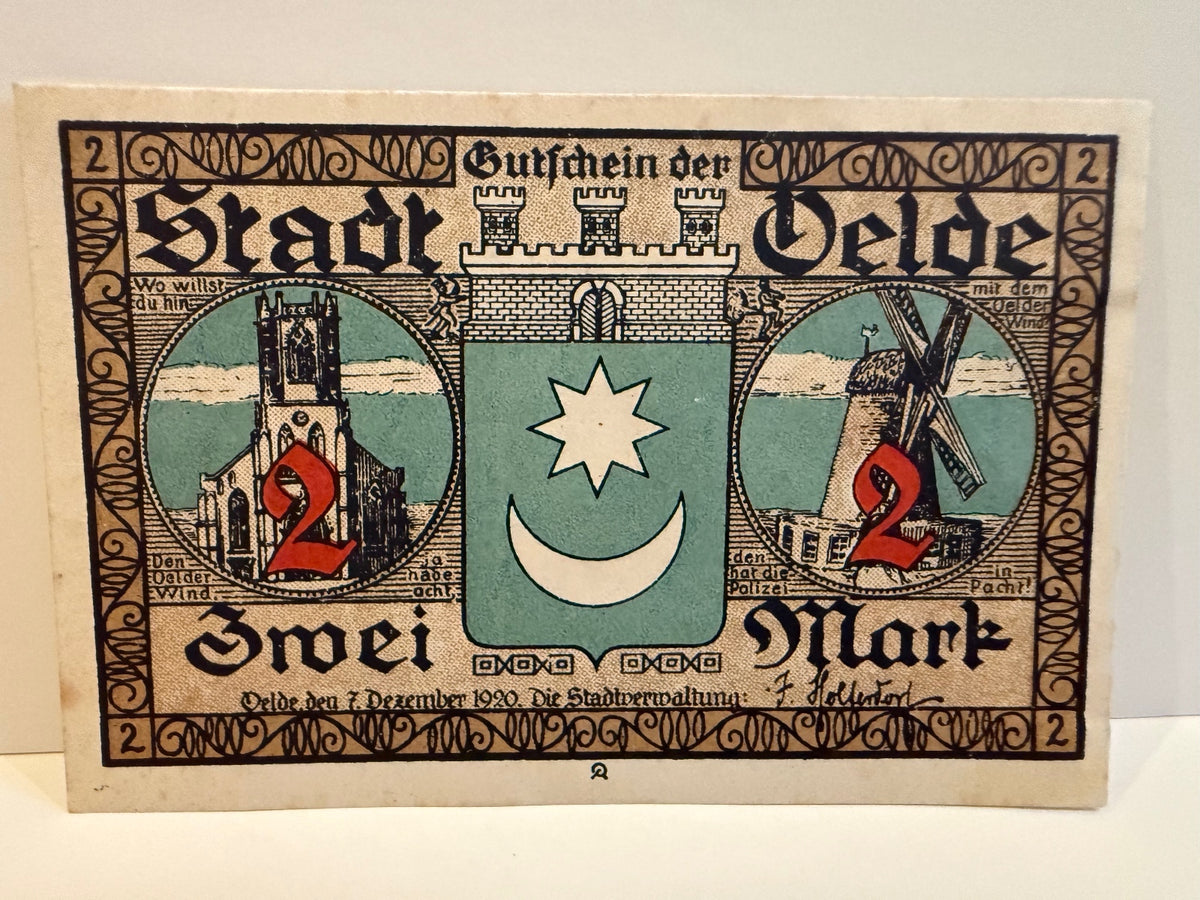 1920 Germany Oelde 2 Mark Notgeld Emergency Money Church Windmill - 105