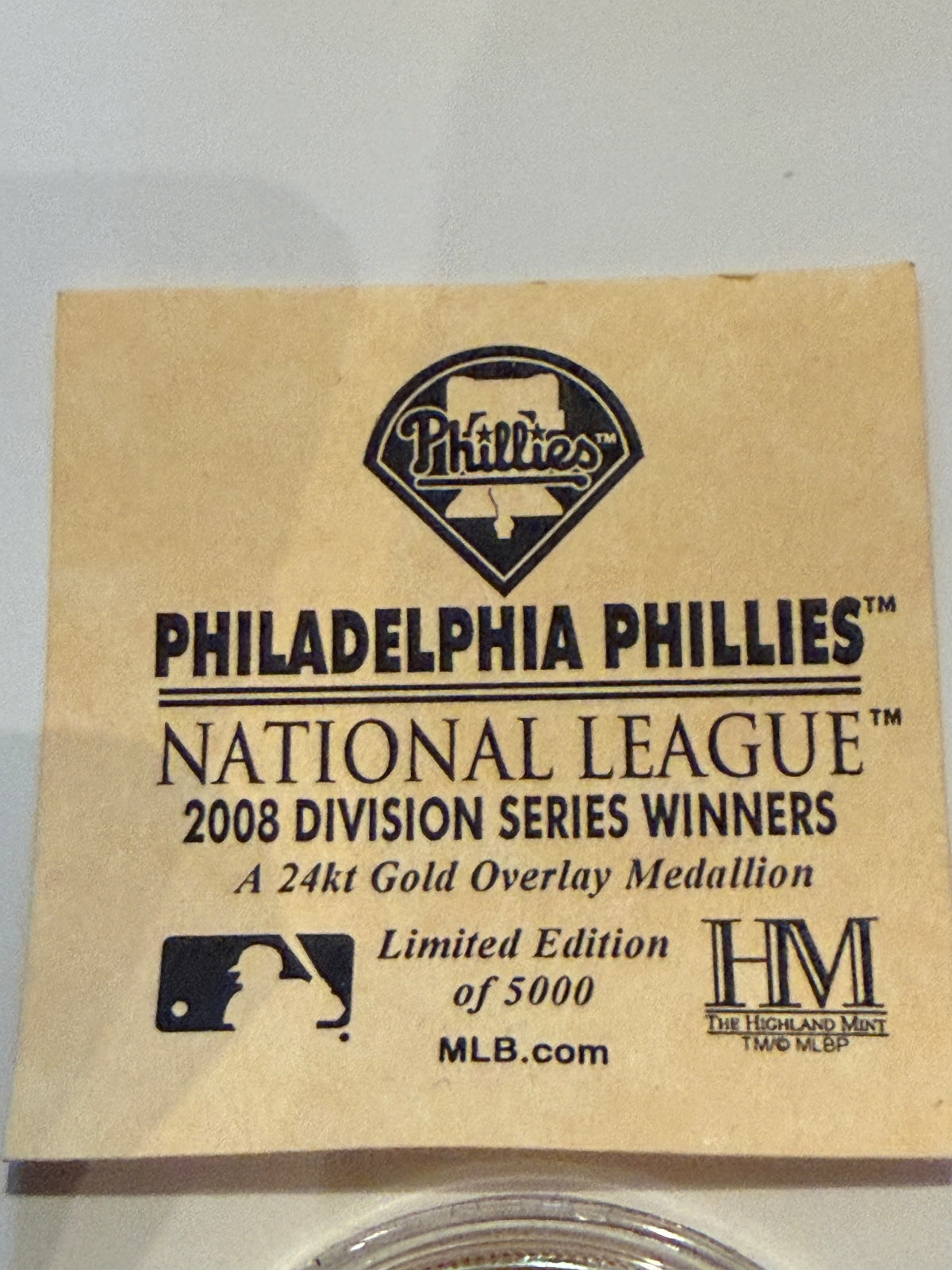 2008 Phillies NLDS Champions Highland Mint 24K Gold Overlay Medallion /5000