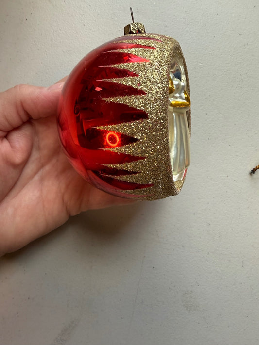 Vintage Germany Glass Diorama Angel Christmas Ornament Red Gold 4”