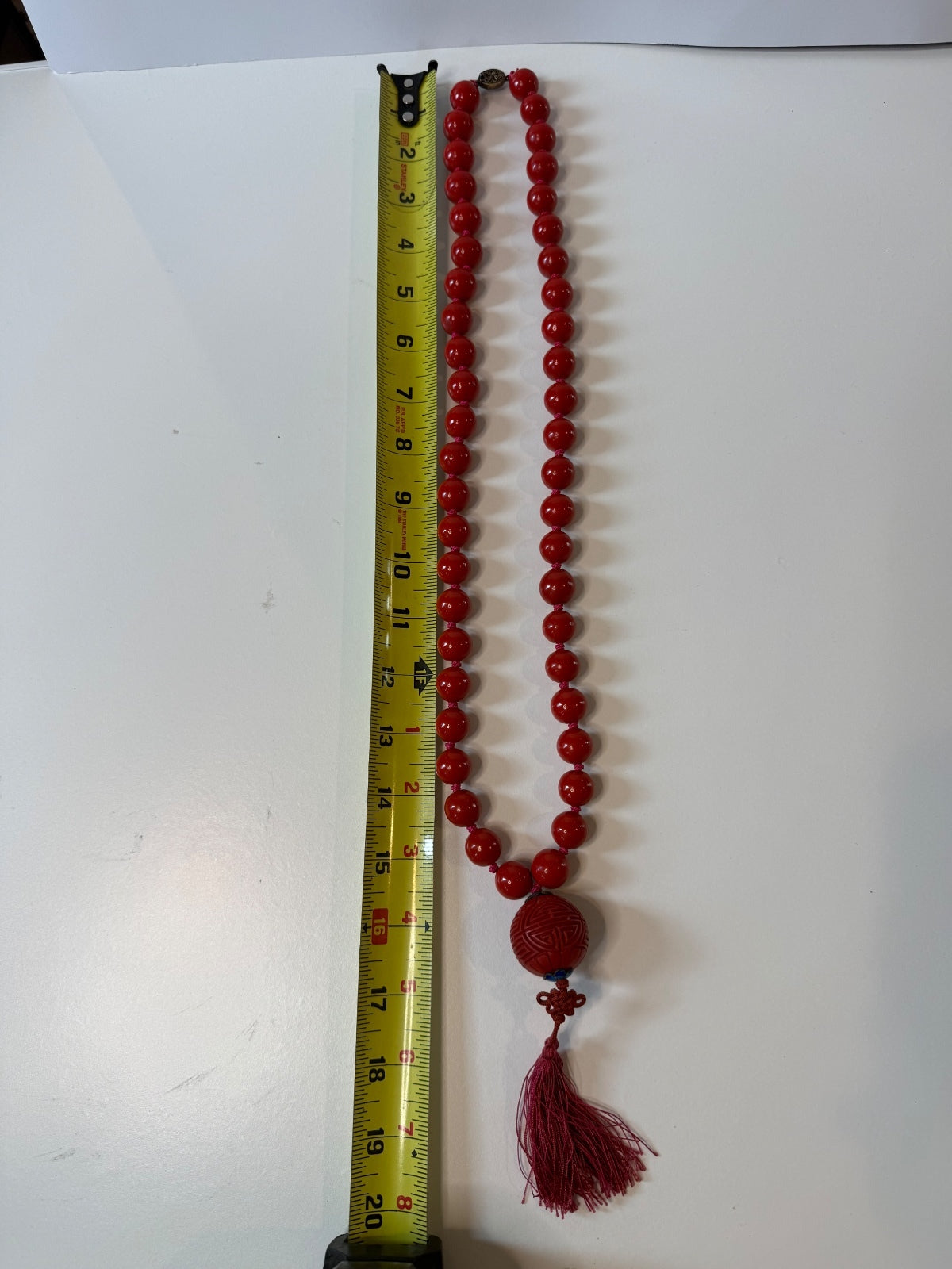Vintage Chinese Red Bead Cinnabar Shou Necklace SILVER Clasp Tassel 30” – alternate product view 5 of 8