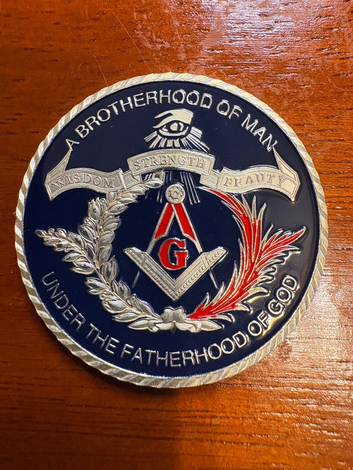 Masonic Challenge Coin – Brotherhood of Man, Blue Enamel — product photograph 1