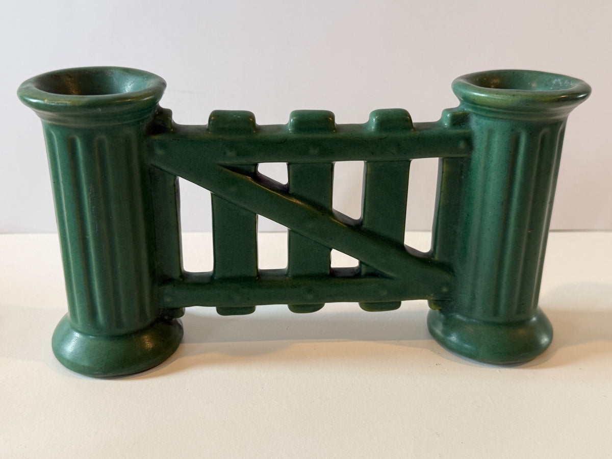 Antique Roseville Matte Green Gate Double Bud Vase — product photograph 1