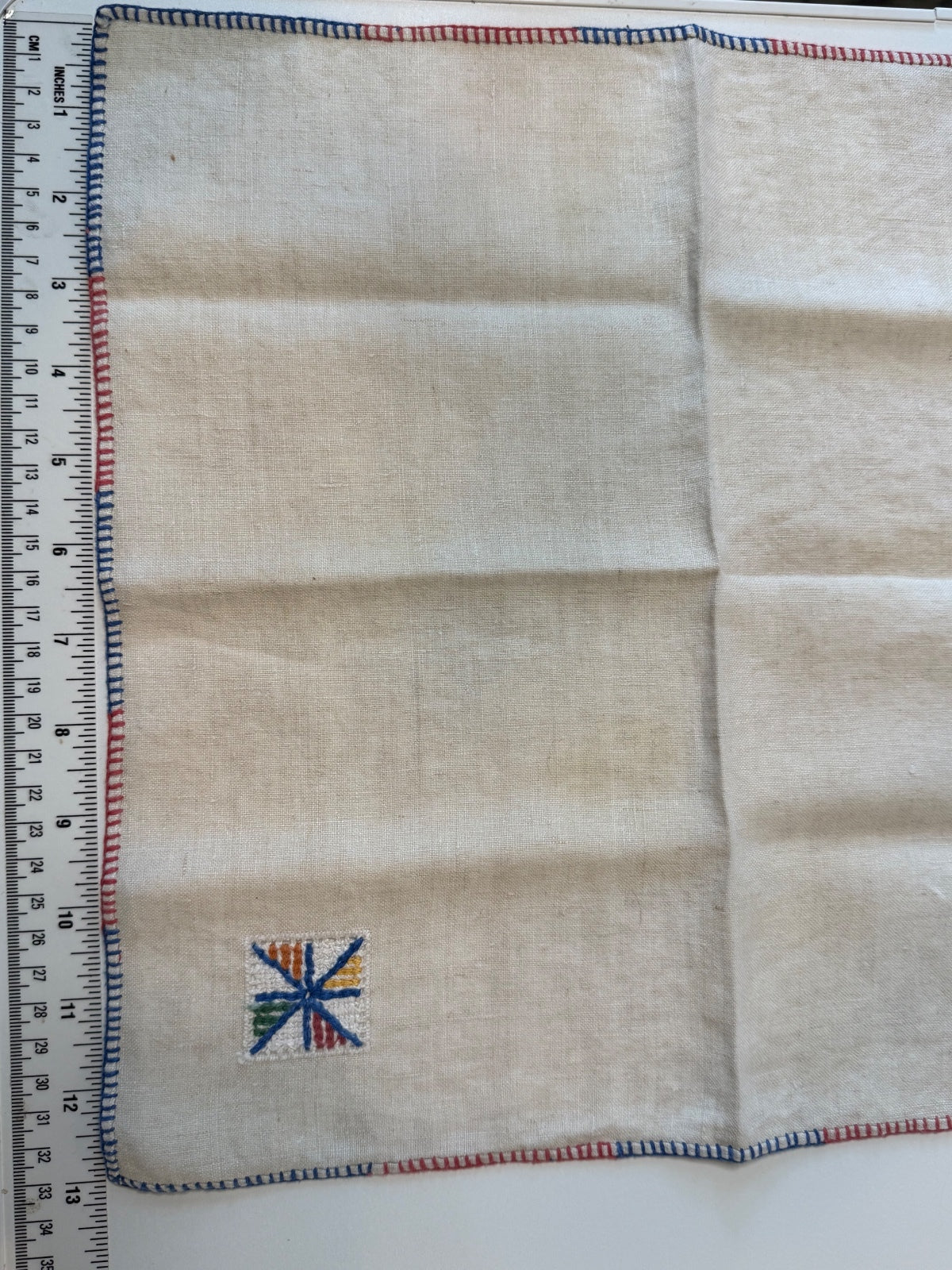 Vintage Linen Cocktail Napkins Set of 6 Embroidered Red Blue Stitching