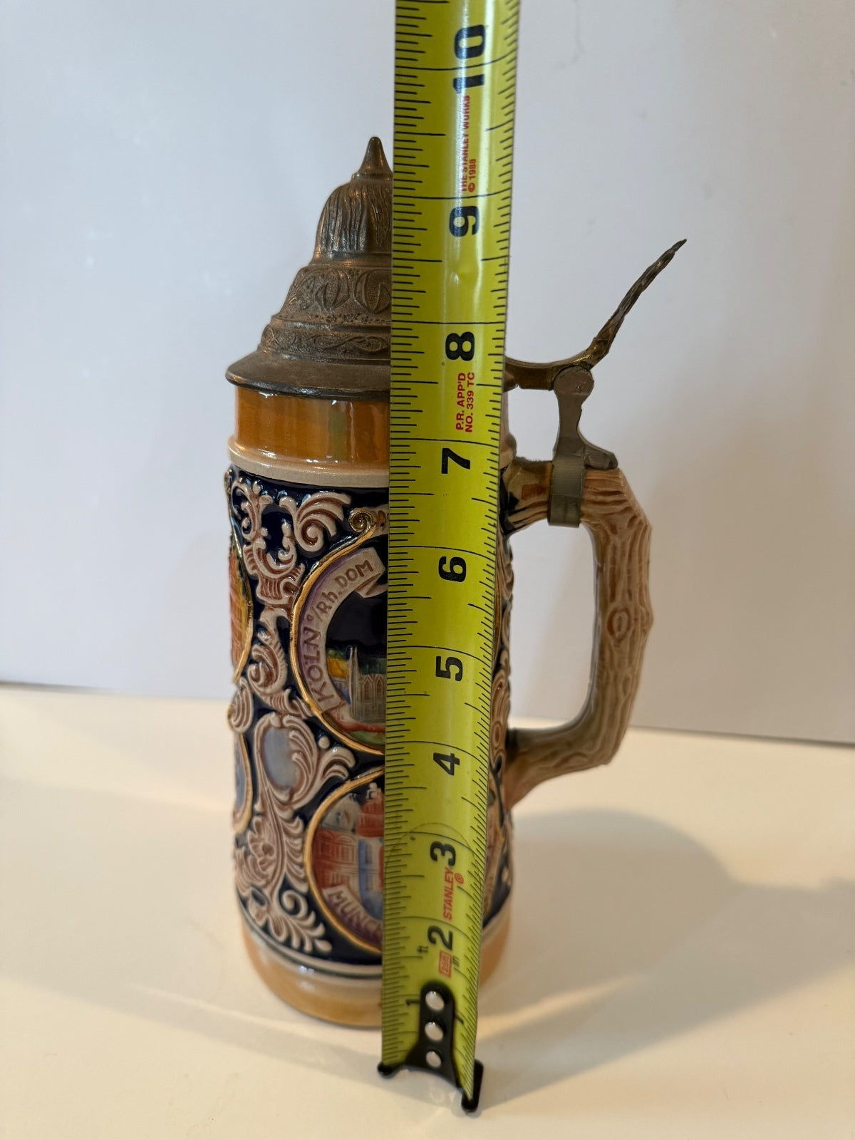 Vintage GERZ W Germany Beer Stein Pewter Lid German Cities Relief 10”