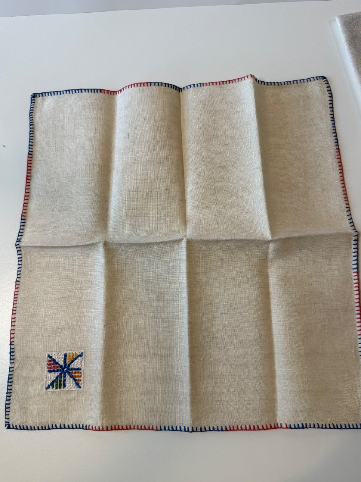Vintage Linen Cocktail Napkins Set of 6 Embroidered Red Blue Stitching