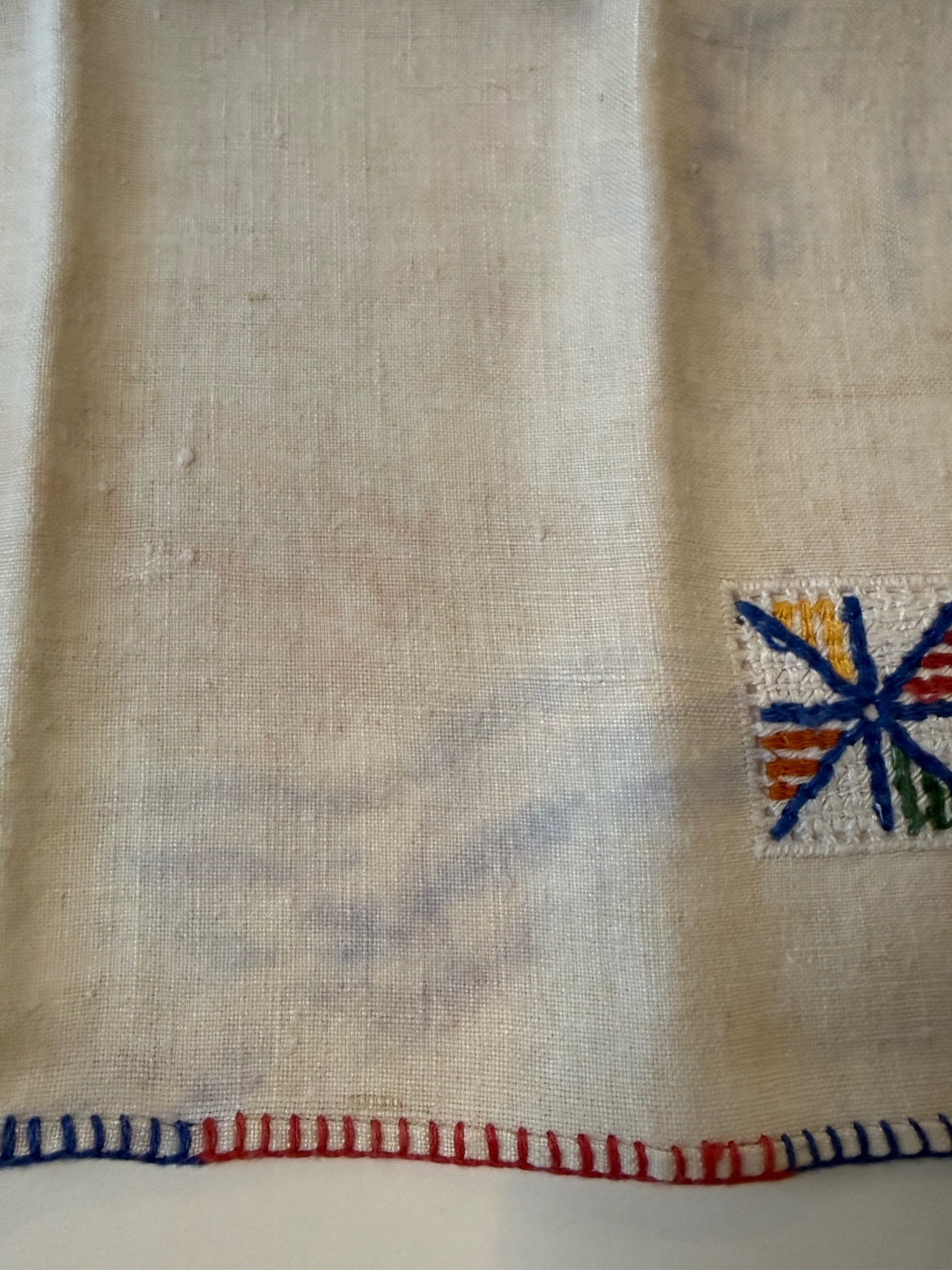Vintage Linen Cocktail Napkins Set of 6 Embroidered Red Blue Stitching