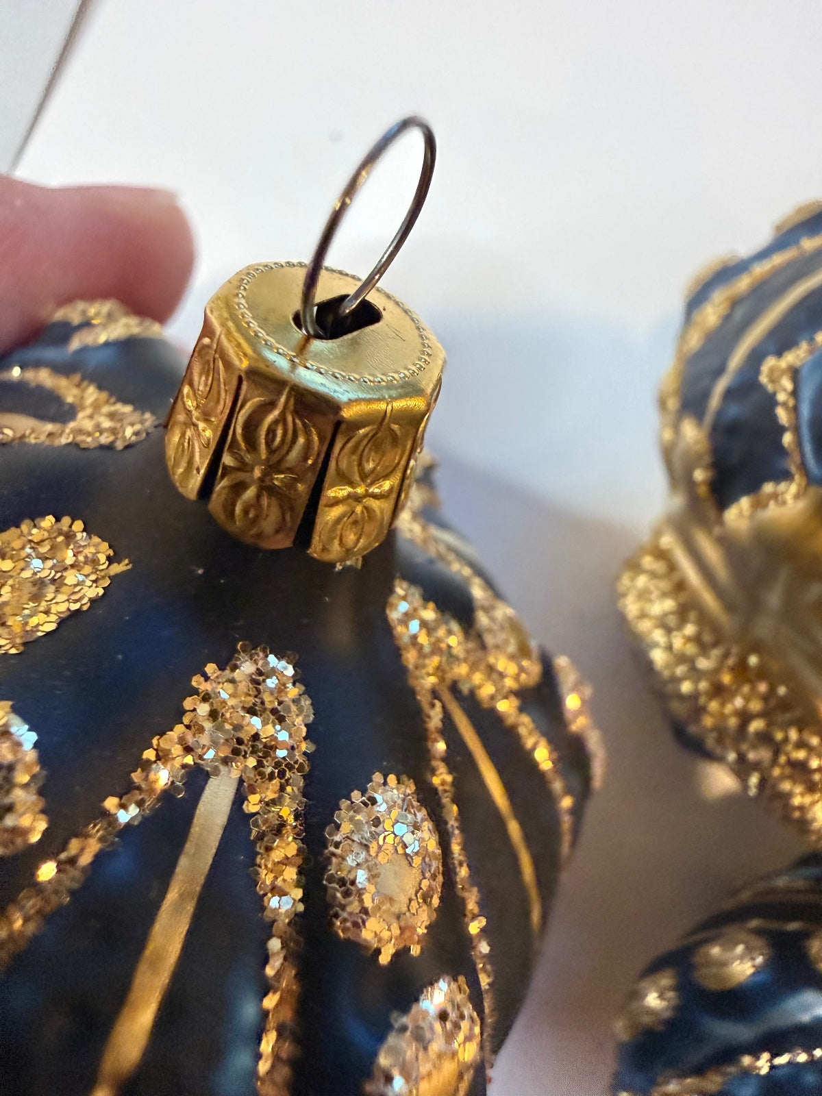 6 Vintage Blue Gold Glass Christmas Ornaments Glitter Molded Set – alternate product view 7 of 11