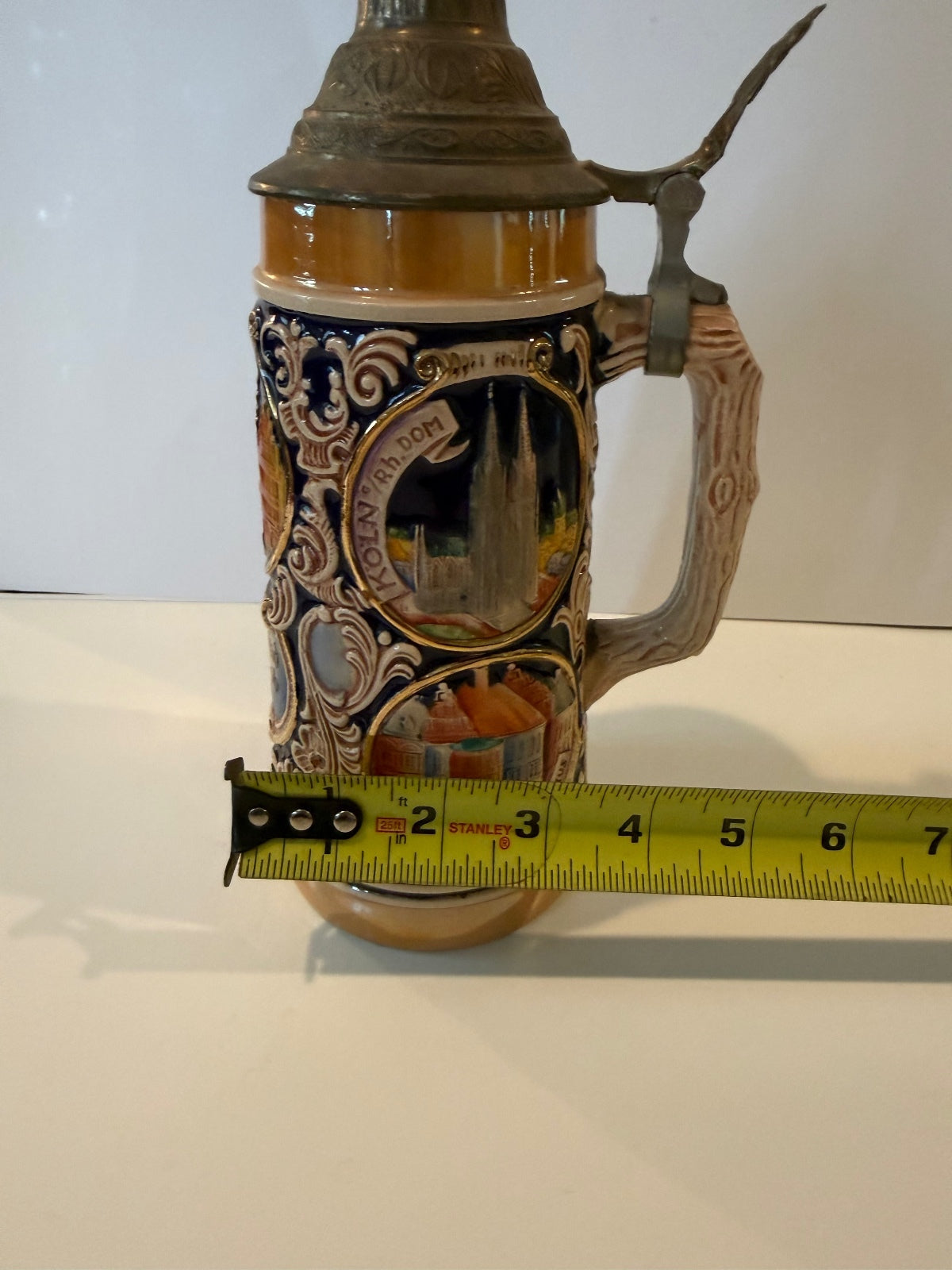 Vintage GERZ W Germany Beer Stein Pewter Lid German Cities Relief 10”