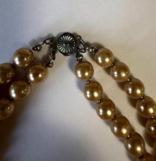 Vintage Double Strand Faux Pearl Necklace Brown Faceted Crystal Beads Retro