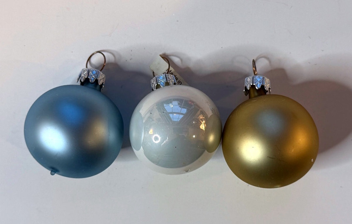 3 Vintage Germany Glass Christmas Ornaments Blue White Gold Balls