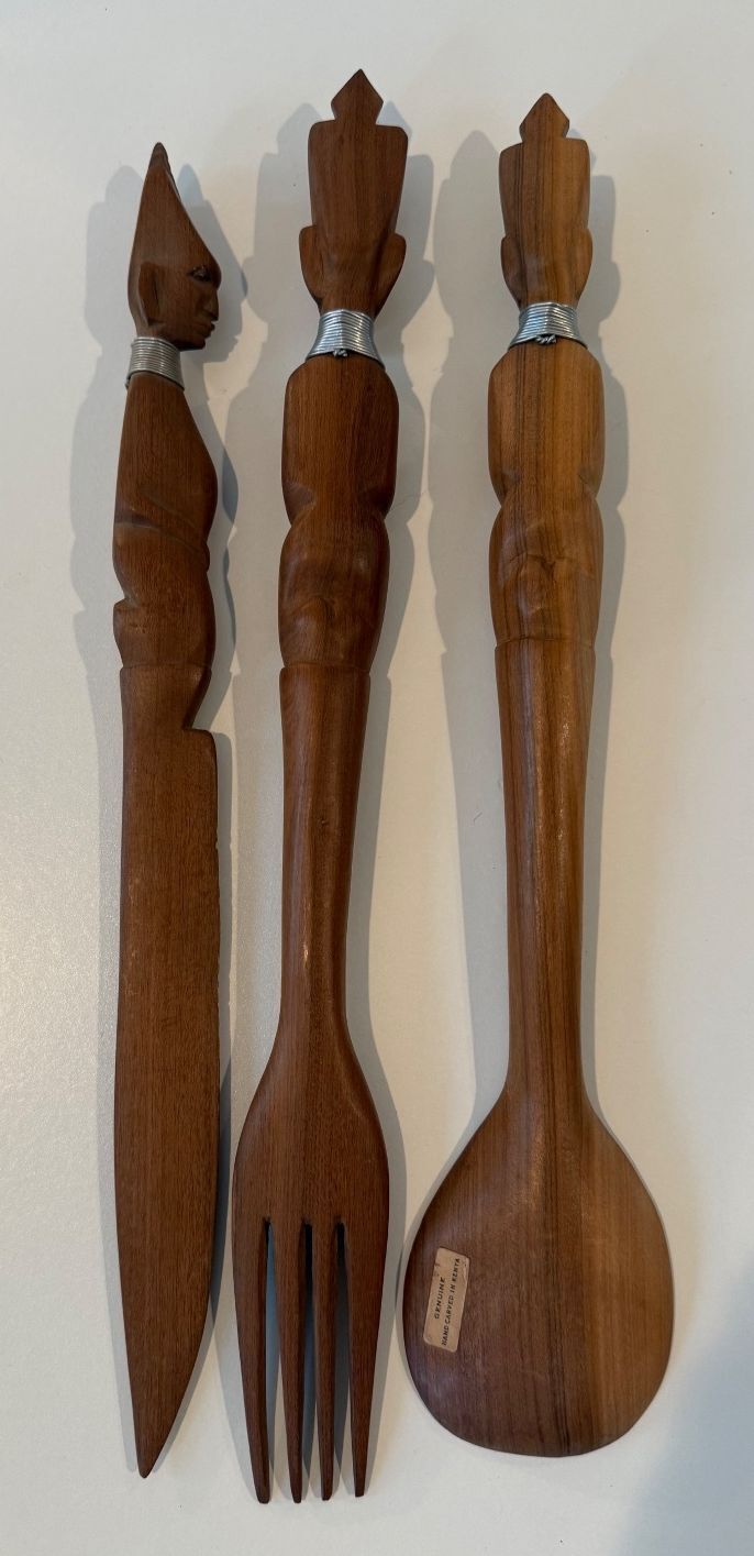 Vintage Kenyan Hand Carved Wood Serving Utensils Set of 3 African Art – alternate product view 8 of 9