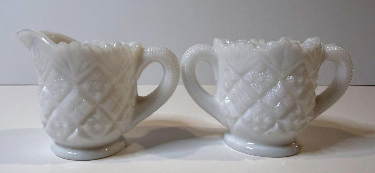 Vintage Mini Milk Glass Creamer Sugar Bowl Set Pedestal Diamond Pattern White