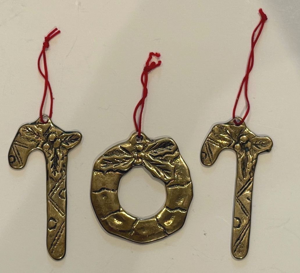 Vintage Taiwan ROC Metal Christmas Ornaments Wreath Candy Canes Set of 3