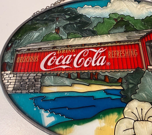 Vintage Coca-Cola Covered Bridge Faux Stained Glass Wall Hanging