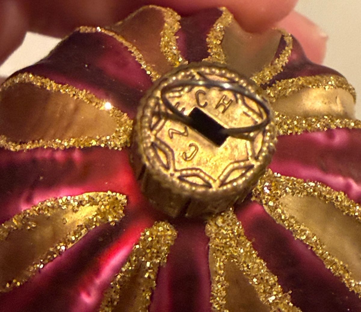 Vintage Czech Glass Christmas Ornament Burgundy Gold Glitter Teardrop Egg – alternate product view 5 of 5